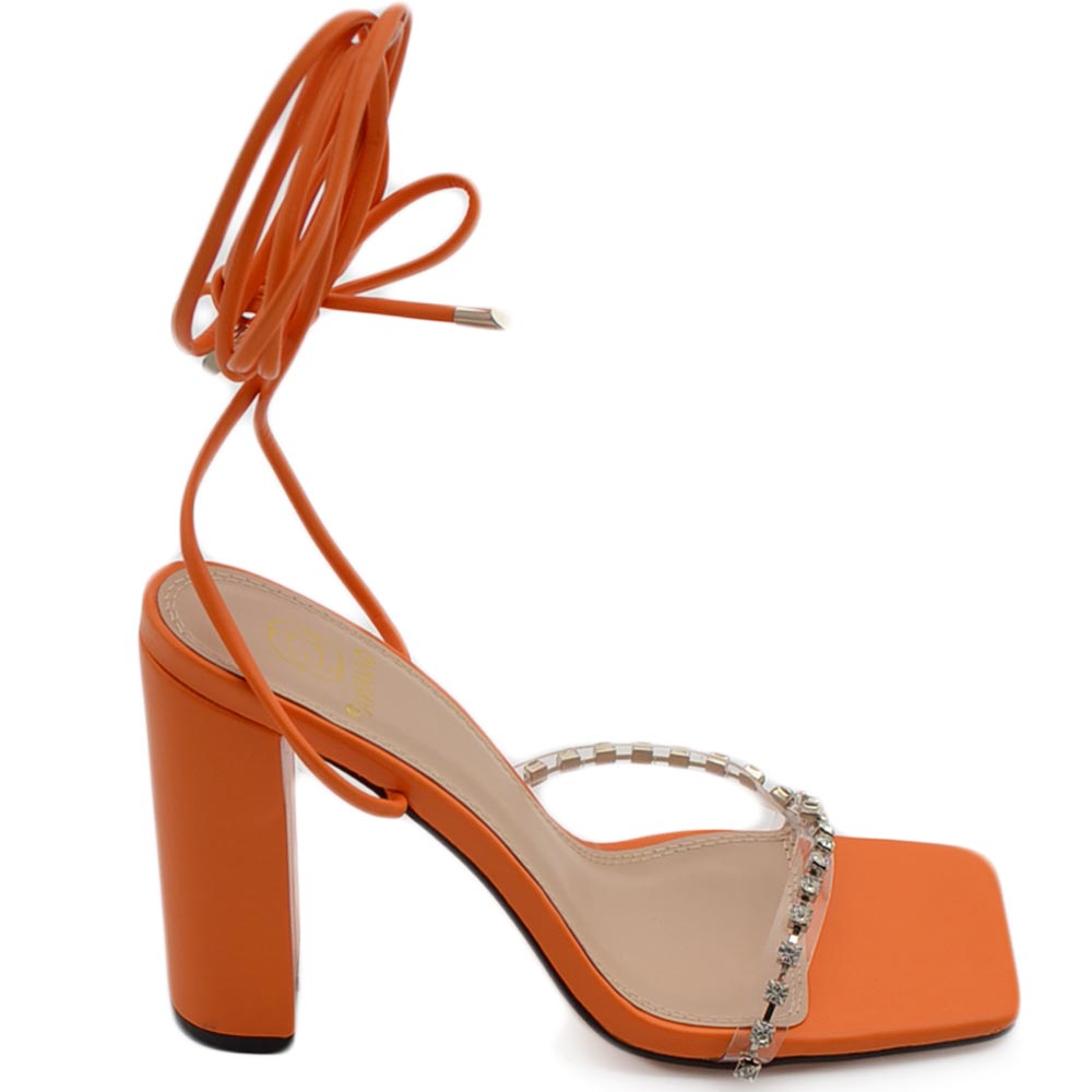 Sandalo donna gioiello open toe arancione intrecciato tacco doppio 10 strass luccicanti cerimonia lacci alla caviglia 