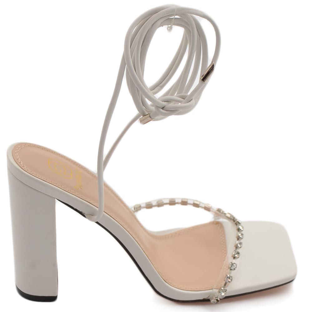 Sandalo donna gioiello open toe bianco intrecciato tacco doppio 10 strass luccicanti cerimonia lacci alla caviglia 