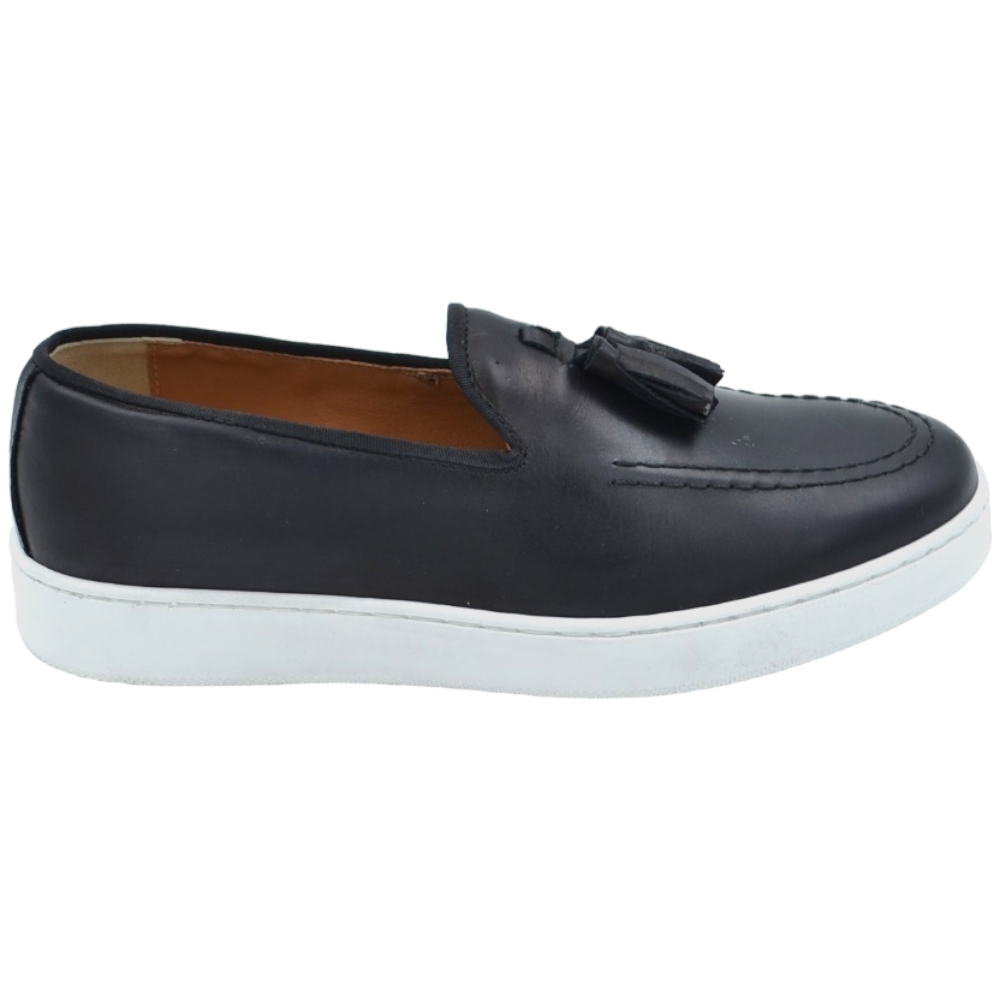 Mocassini uomo college bendina con nappine in vera pelle nappa opaca nera spazzolato fondo gomma bianco alto 3 cm