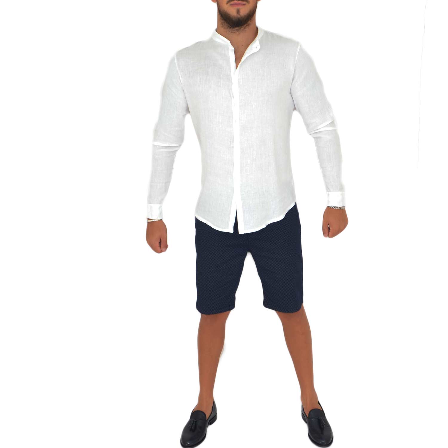 Camicia uomo lino bianco collo coreano manica lunga regolabile motivo basic made in italy 