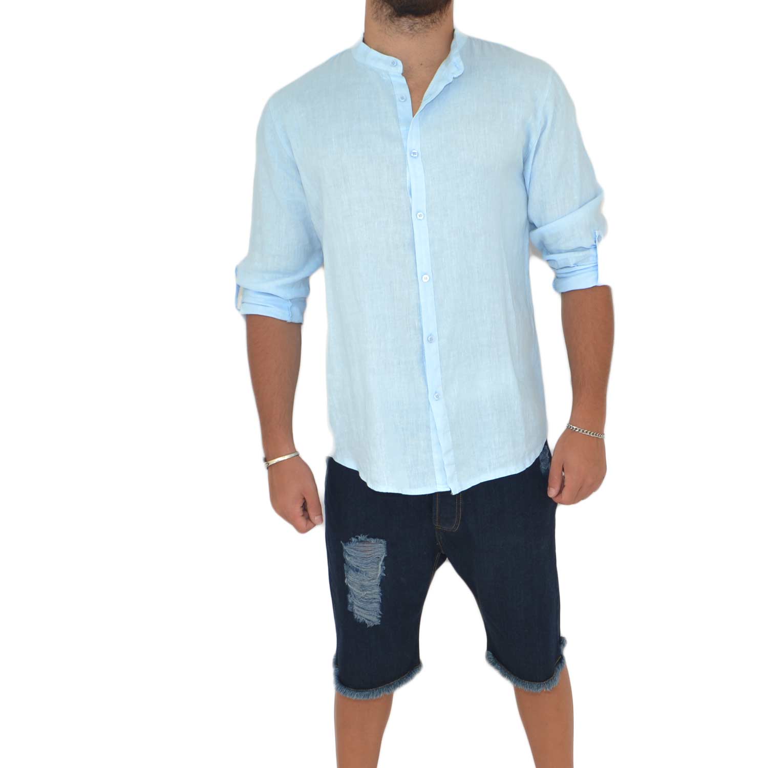 Camicia uomo lino celeste  collo coreano manica lunga regolabile motivo basic made in italy