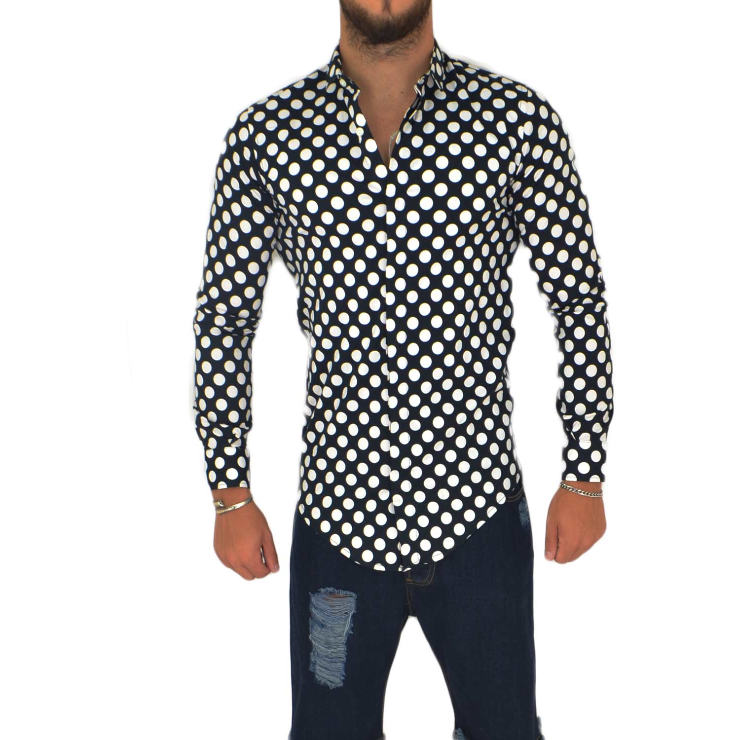 Camicia uomo slim cotone bianco e nero collo rigido manica lunga motivo a pois made in italy
