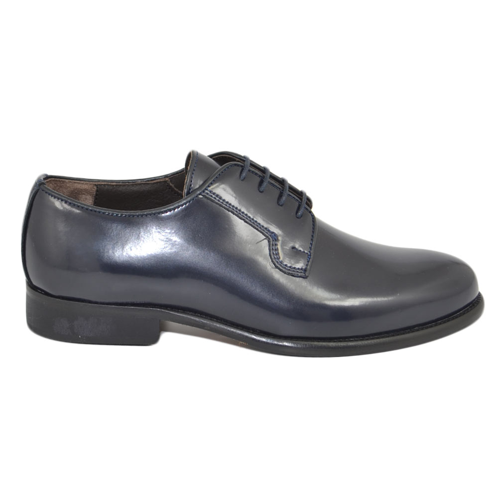 Scarpe uomo stringate liscia vera pelle abrasivata blu made in italy fondo antiscivolo vero cuoio cerimonia elegante