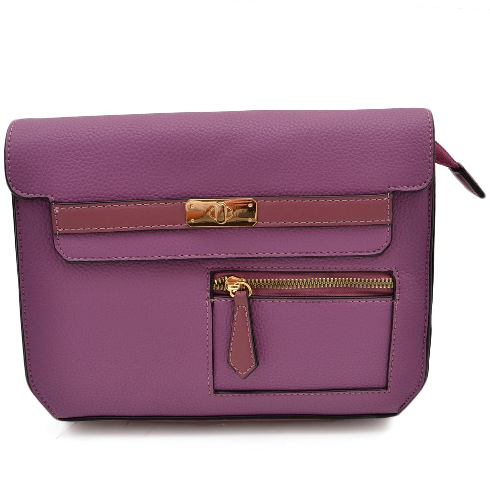 Pochette donna rettangolare in ecopelle viola con zip irregolare e doppia chiusura catena interna moda cerimonia eventi.