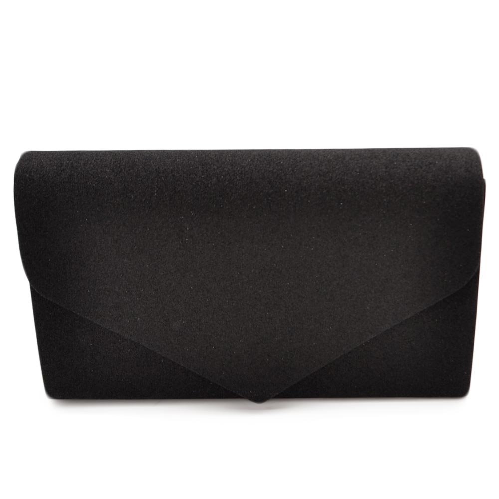 Pochette donna rettangolare a forma di lettera busta in camoscio nero con catena e taschino linea basic made in italy.