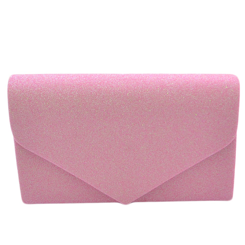 Pochette donna rettangolare a forma di lettera busta in pu rosa satinato glitter catena linea basic made in italy.