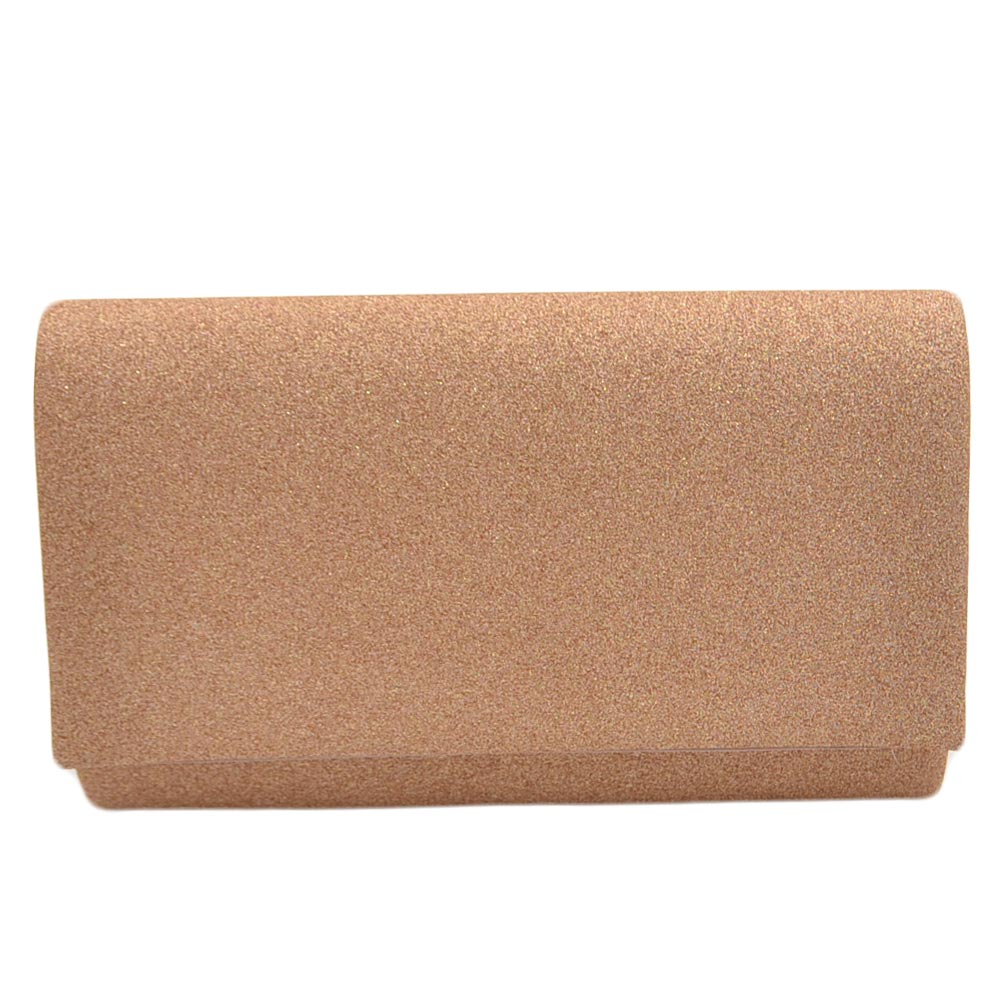 Pochette donna rettangolare a forma di lettera busta in pu oro rosa satinato glitter catena linea basic made in italy.