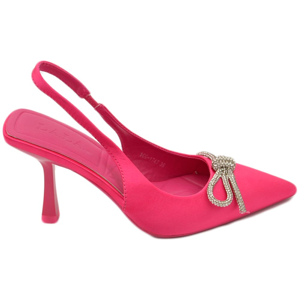 Decollete' donna gioiello elegante fiocco strass in raso fucsia con tacco  spillo 80 e cinturino alla caviglia fisso moda donna decollete Malu Shoes