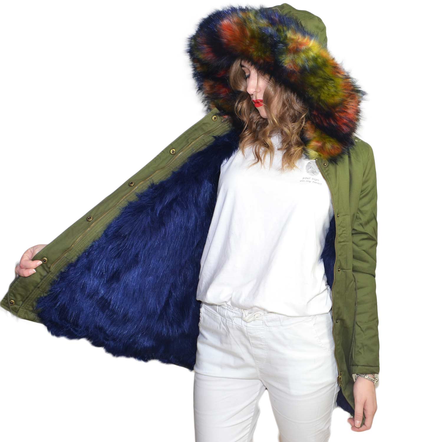 Parka donna verde invernale con pelliccia blu colorata giubbotto piumino lungo pelo extra volume imbottito caldo moda.