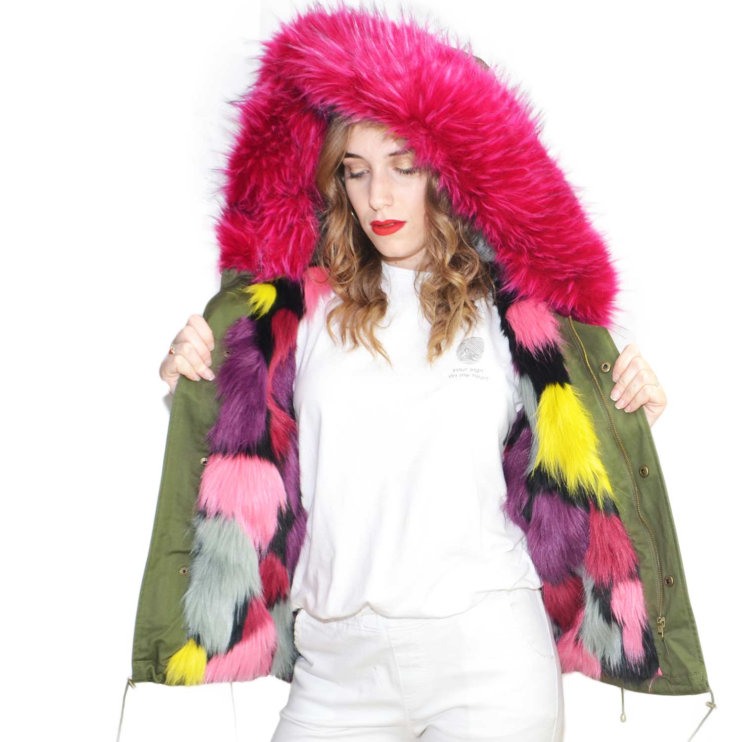 Parka donna verde invernale con pelliccia fucsia colorata giubbotto piumino lungo pelo extra volume imbottito caldo moda