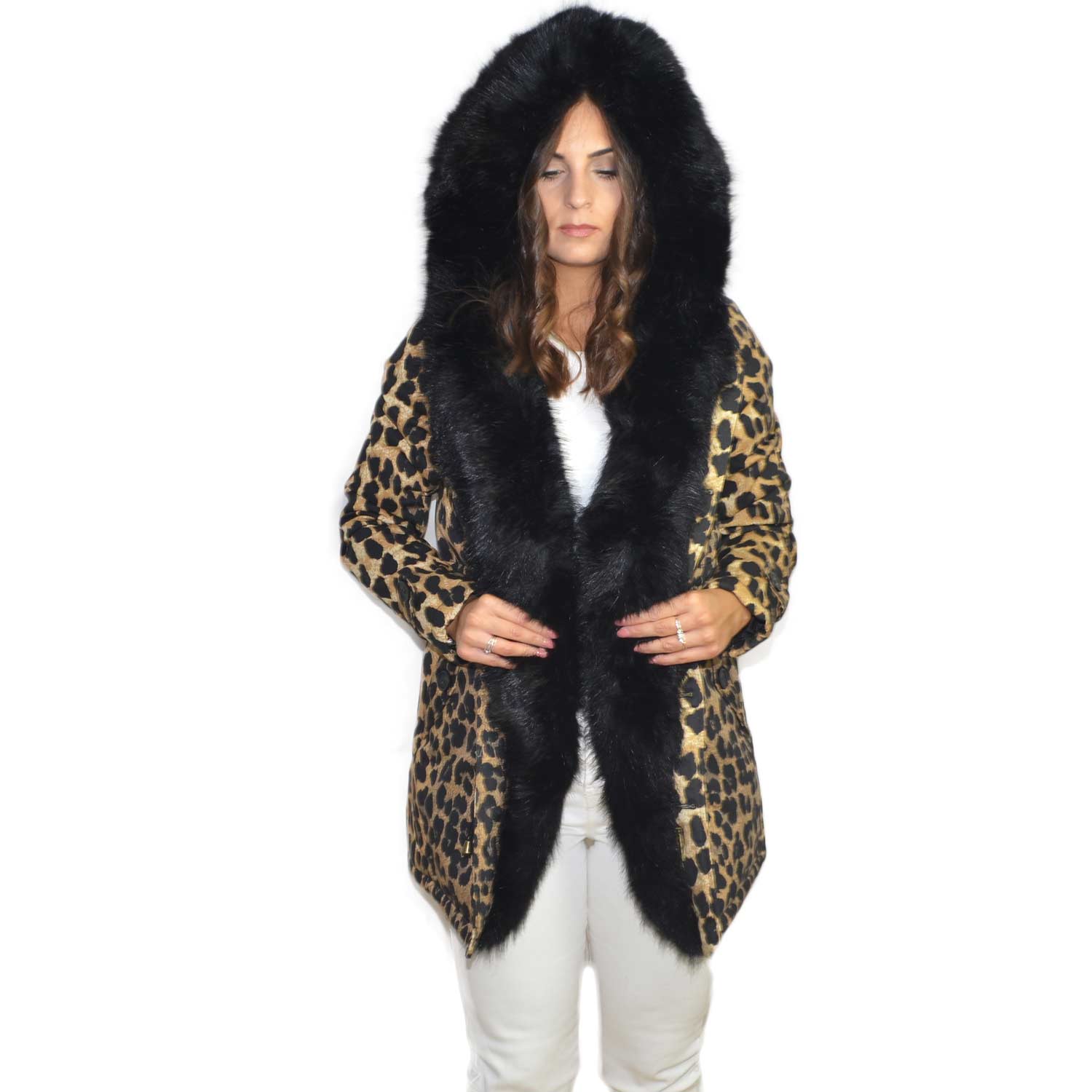 New parka lungo impermeabile leopardato nero con pelliccia colorata voluminosa glamour