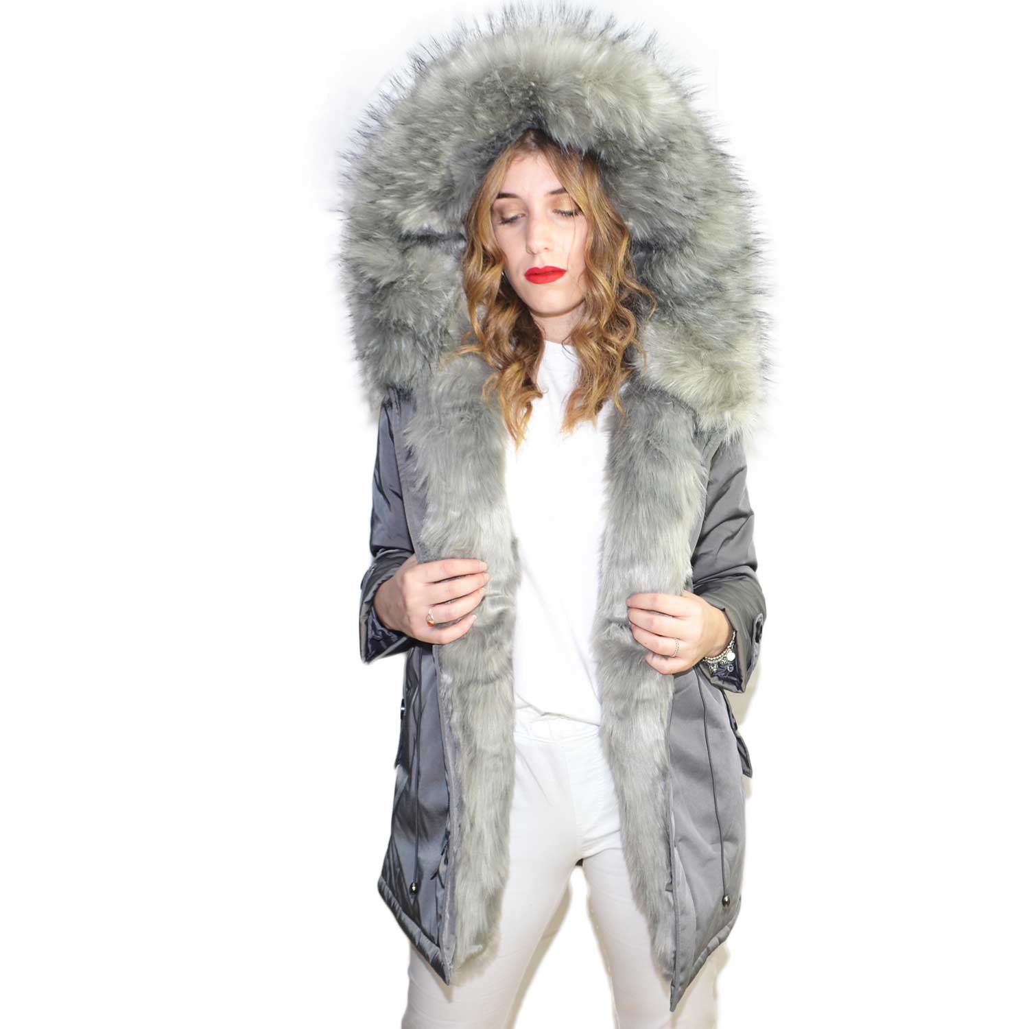 Parka donna invernale con pelliccia ecologic giacca giubbotto piumino lungo grigio pelo extra volume imbottito caldo mod.