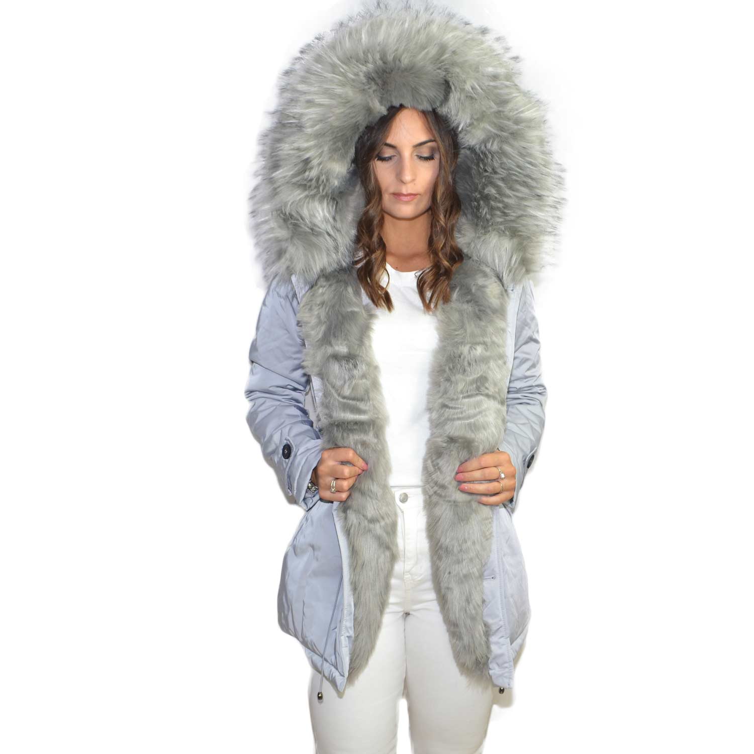 Parka donna invernale con pelliccia ecologica giacca giubbotto piumino lungo grigio perla extra volume imbottito caldo