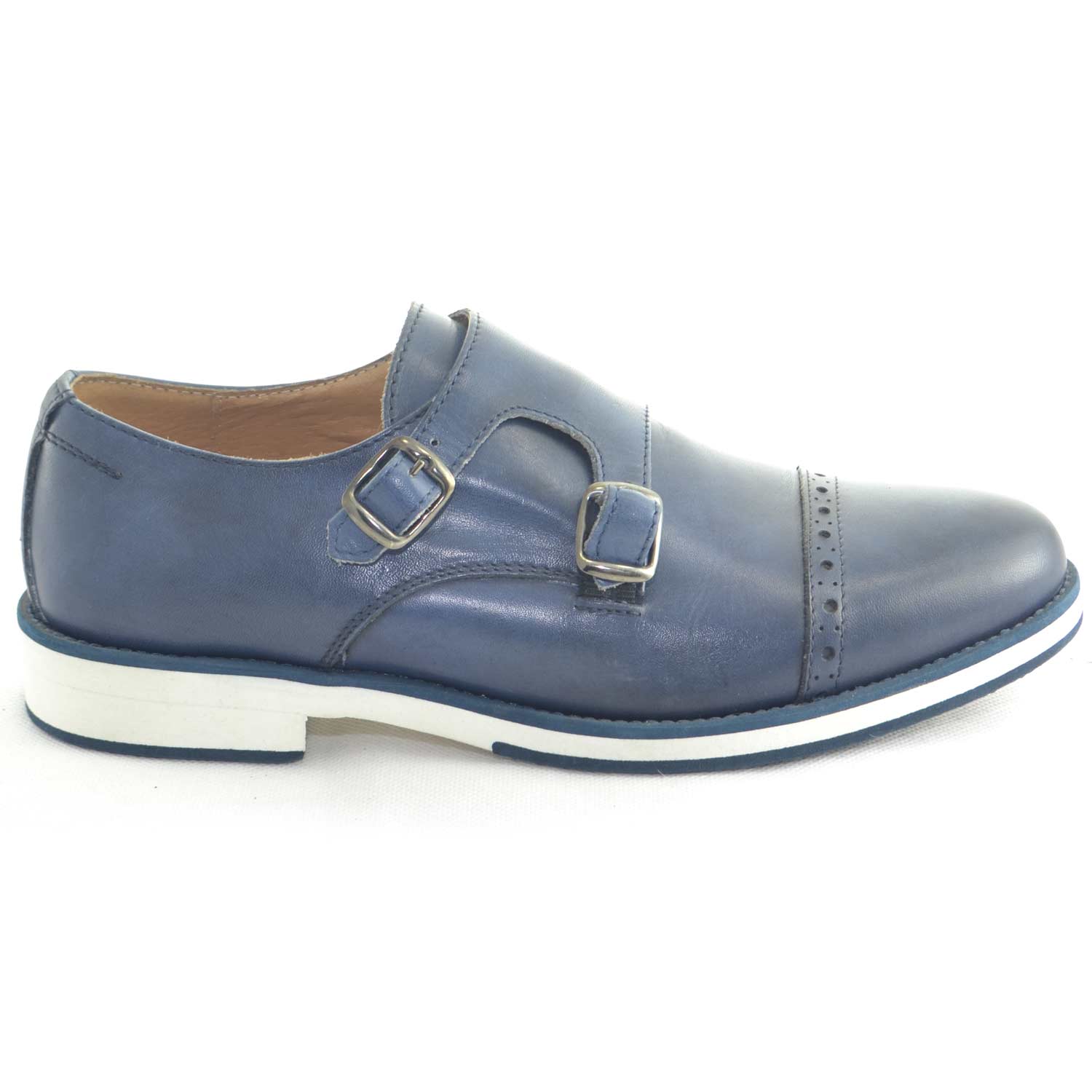 Scarpe uomo doppia fibbia fondo lighr ultraleggero bicolore blu e bianco vera pelle crust made in italy art smeraldo.