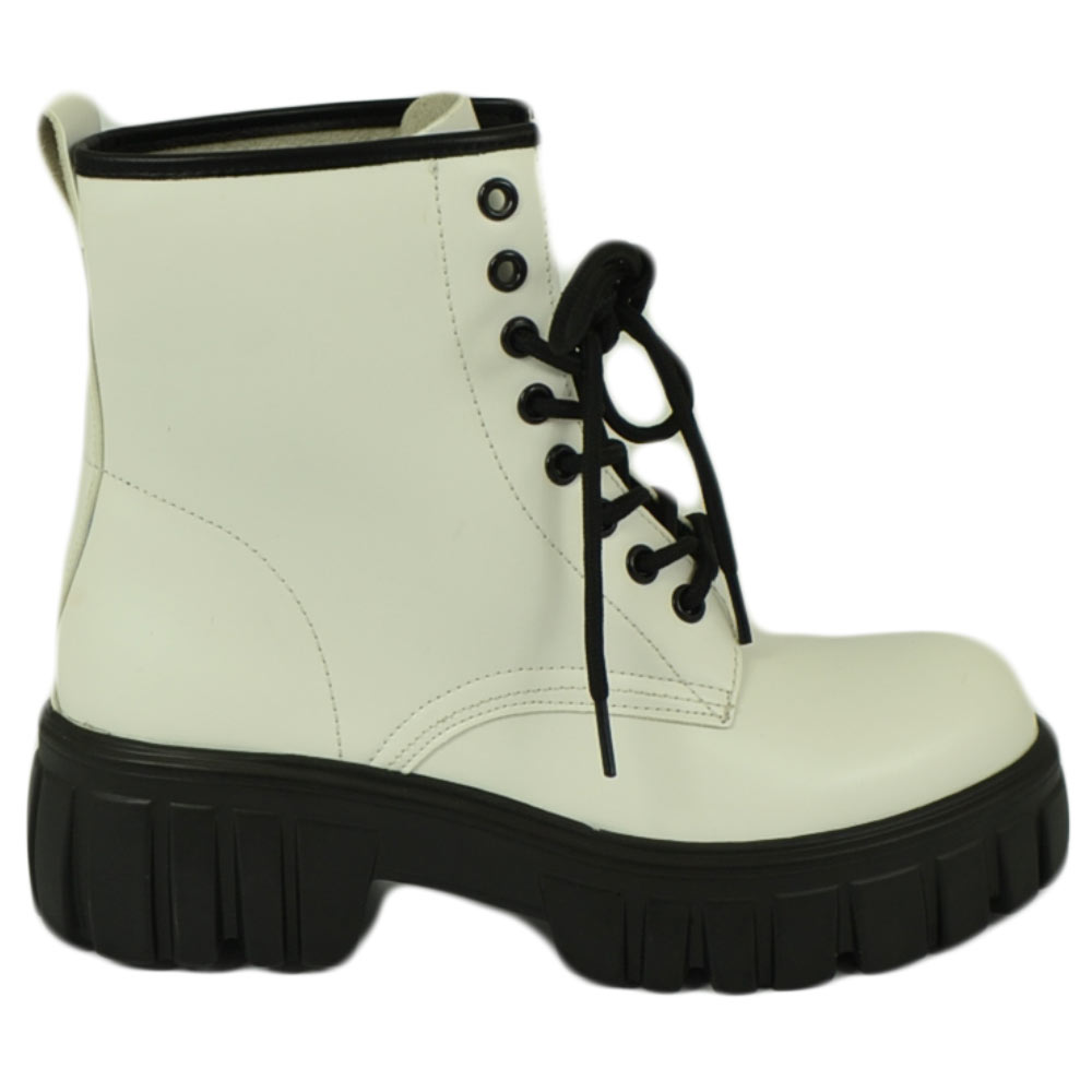 Stivaletto anfibio scarpa donna bianco stringato lacci doppi fondo carrarmato alto gomma con zip moda linea glamour