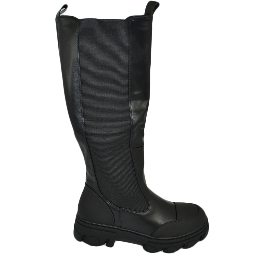 Stivali donna combat boots gomma alta con elastico chelsea nero zip altezza ginocchio moda comodo