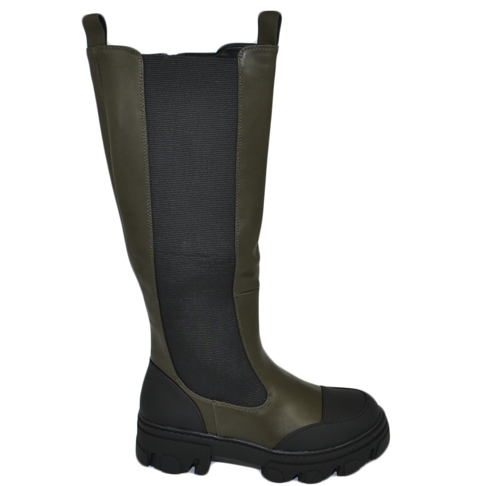 Stivali donna combat boots verde militare bicolore gomma alta con elastico chelsea zip altezza ginocchio moda comodo.