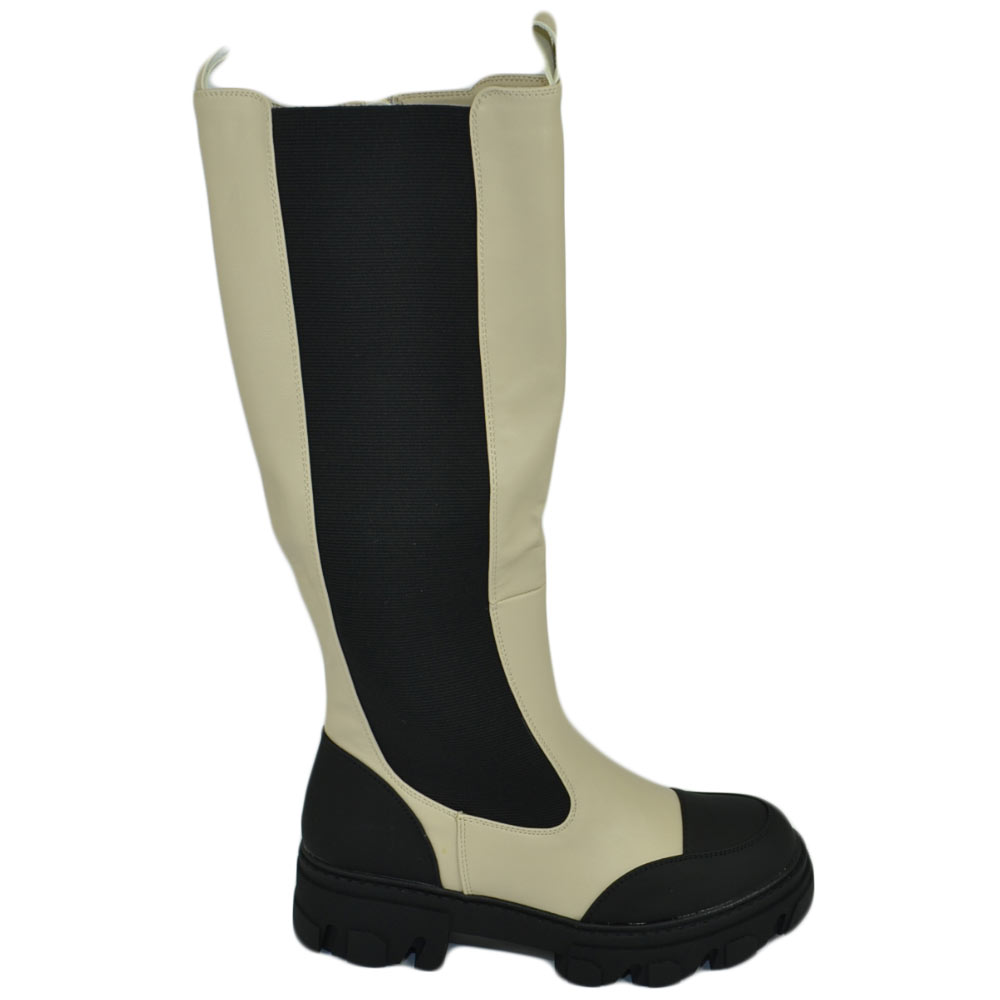 Stivali donna combat boots beige bicolore gomma alta con elastico chelsea zip altezza ginocchio moda comodo.