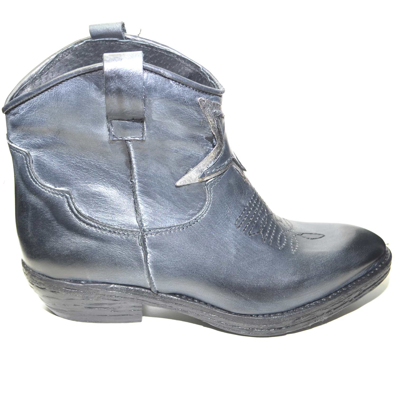 Stivaletti camperos alla caviglia in vero vitello nero spazzolato bruciato e stelle texane handmade initaly