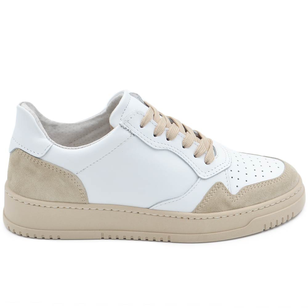SNEARKERS UOMO BIANCA IN VERA PELLE CON INSERTI DI CAMOSCIO BEIGE CHIUSURA CON LACCI TRASPIRANTE FONDO ALTO ANATOMICO