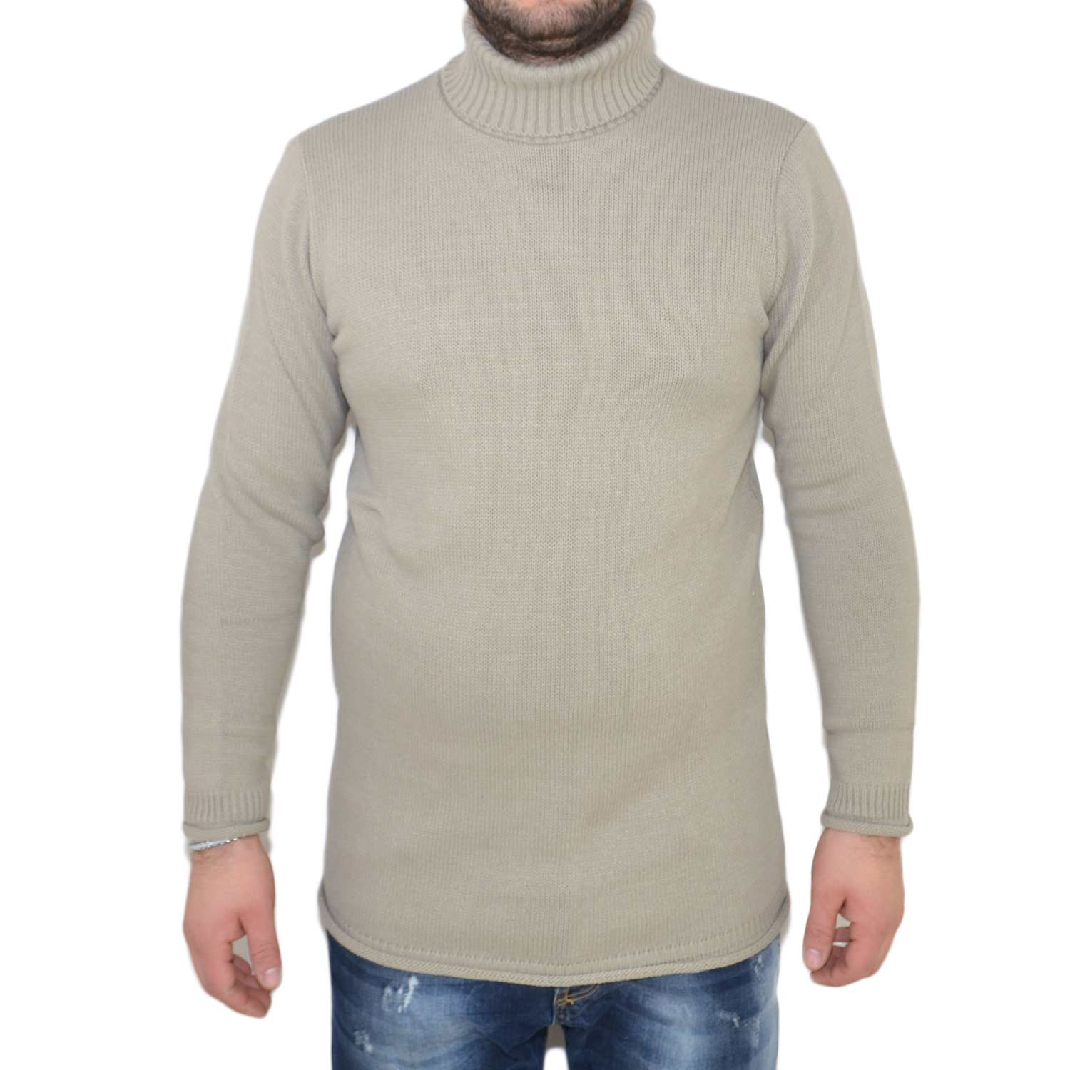 Maglione dolcevita uomo manica lunga con colletto stretto beige made in italy moda tendenza slim tinta unita basic