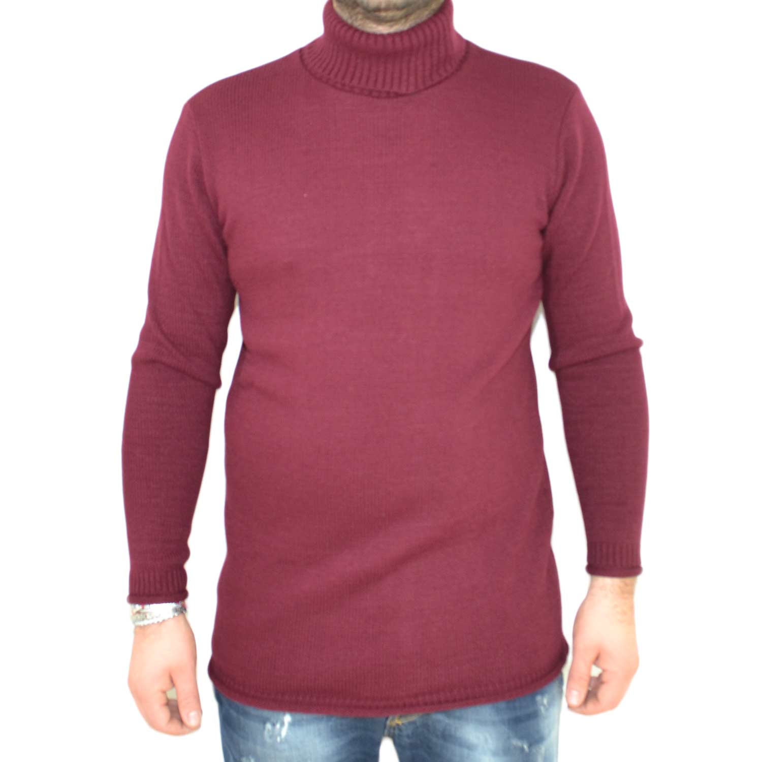 Maglione dolcevita uomo manica lunga con colletto stretto bordeaux made in italy moda tendenza slim