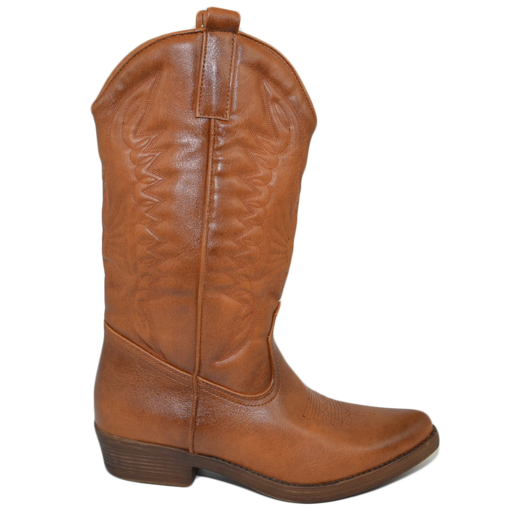 Stivali donna camperos texani stile western cuoio con fantasia laser su pelle tinta unita altezza polpaccio