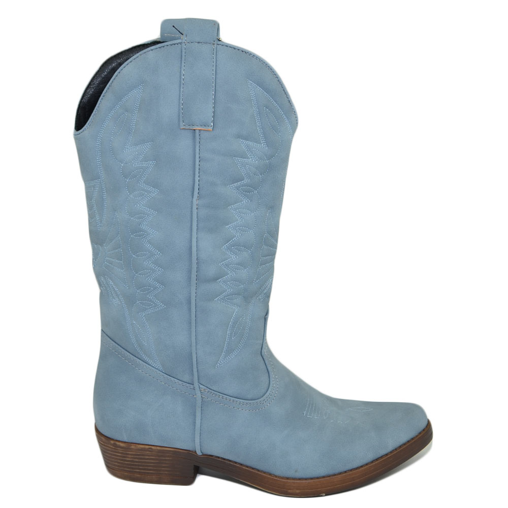 Stivali donna camperos texani stile western azzurri polvere con fantasia laser su pelle tinta unita altezza polpaccio