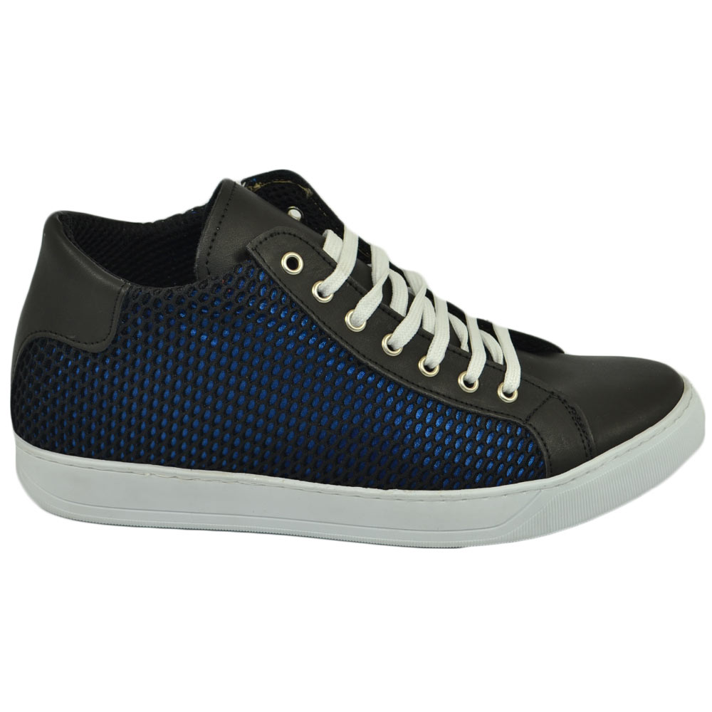 Sneakers scarpa alta uomo tessuto lycra vera pelle nero fondo blu ultraleggero genuine leather made in italy comoda