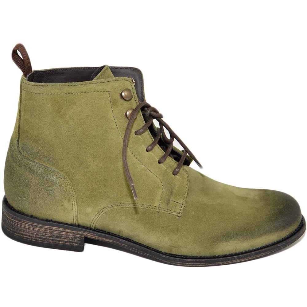 Anfibi stivali uomo N02 LS Luisantiago vera pelle scamosciata verde spazzolato ganci ottone suola cuoio retro' dandy.