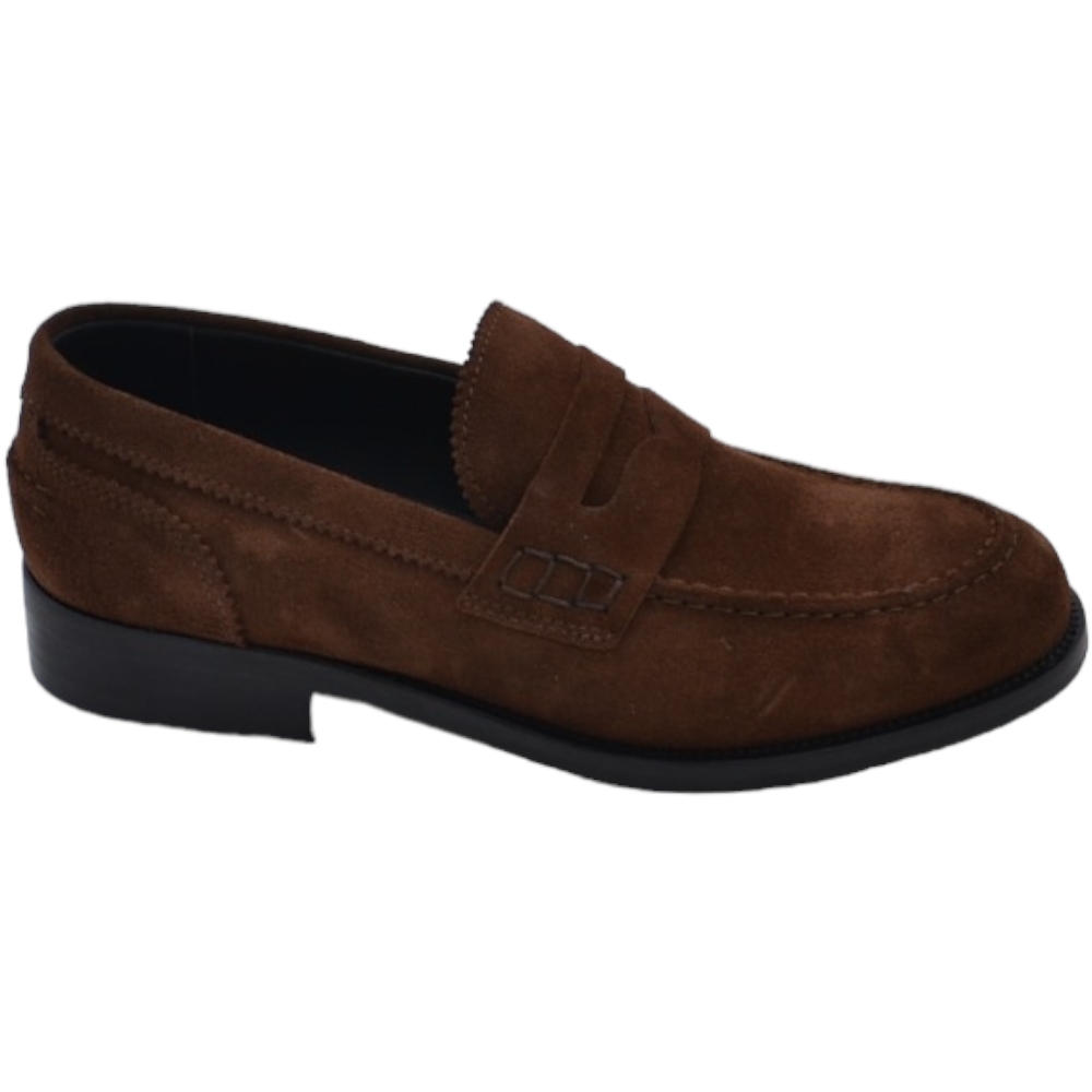 Scarpe college uomo inglese mocassino cuoio scuro vera pelle scamosciato fondo in cuoio con antiscivolo cuciture a vista