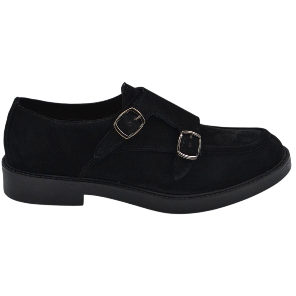 Scarpa uomo derby nero doppia fibbia argento in camoscio spazzolato cucitura in punta fondo gomma roccia alto handmade