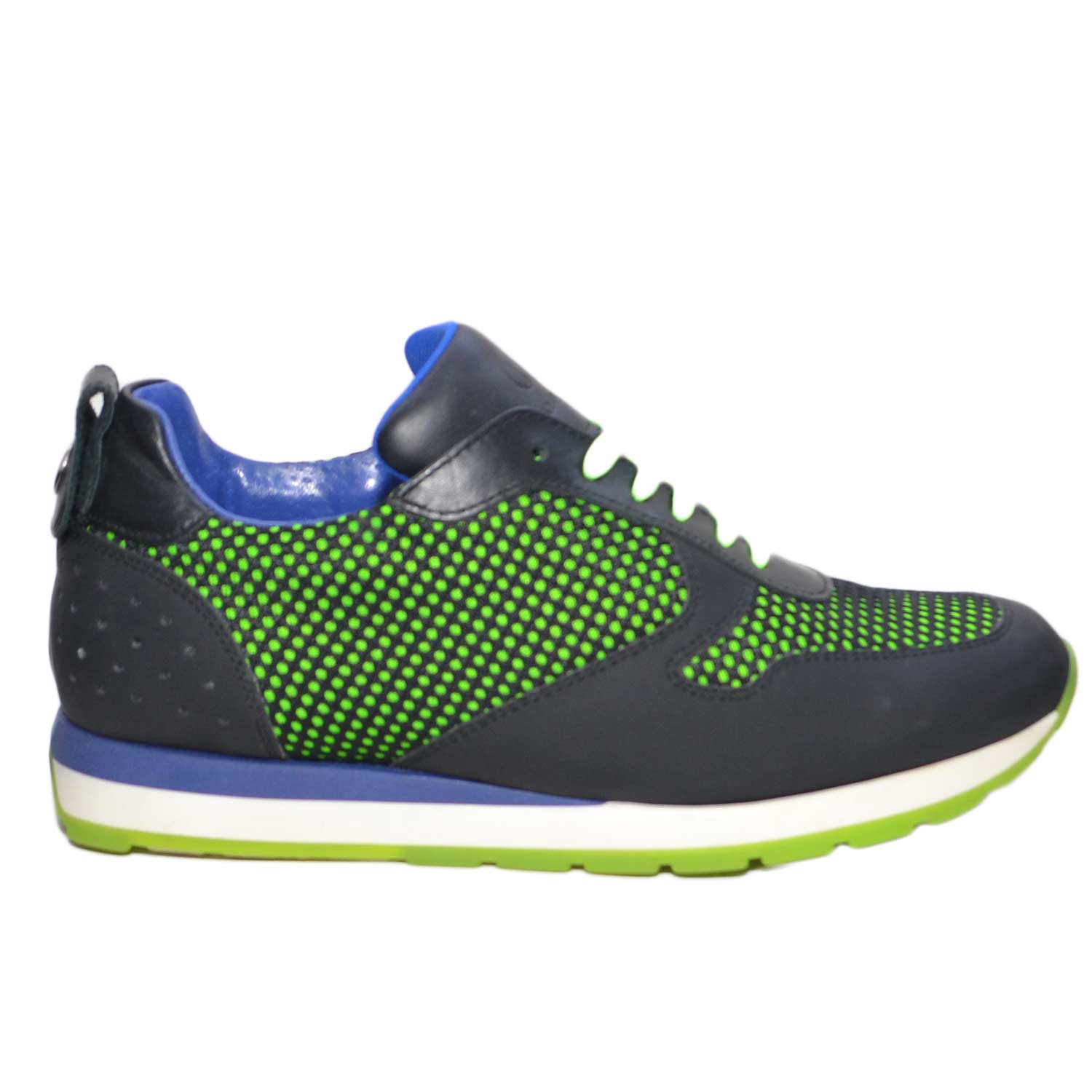 Sneakers bassa uomo art Tokio 102 vera pelle tessuto verde fluo nero fondo running comode ginnico