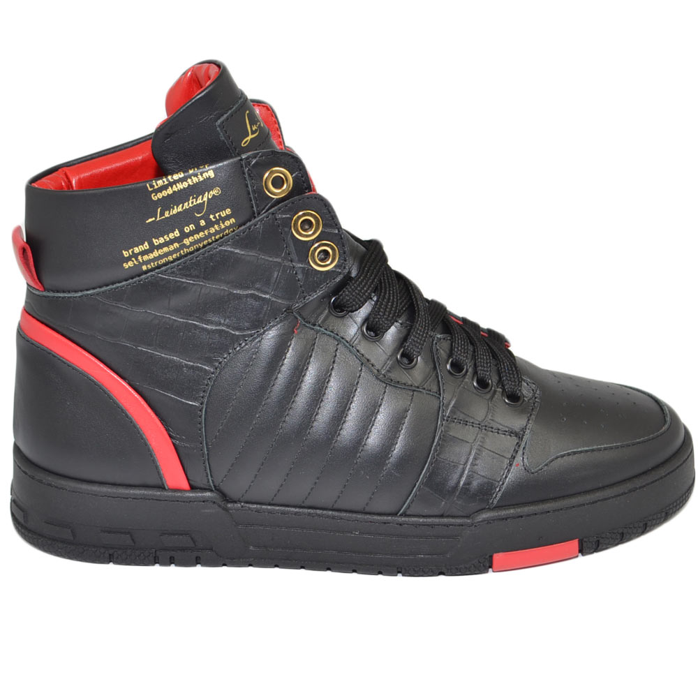 Sneakers alta uomo CRYPTO by LS LUISANTIAGO vera pelle nappa nero inserti cocco oro rosso  handmade in Italy streetwear.