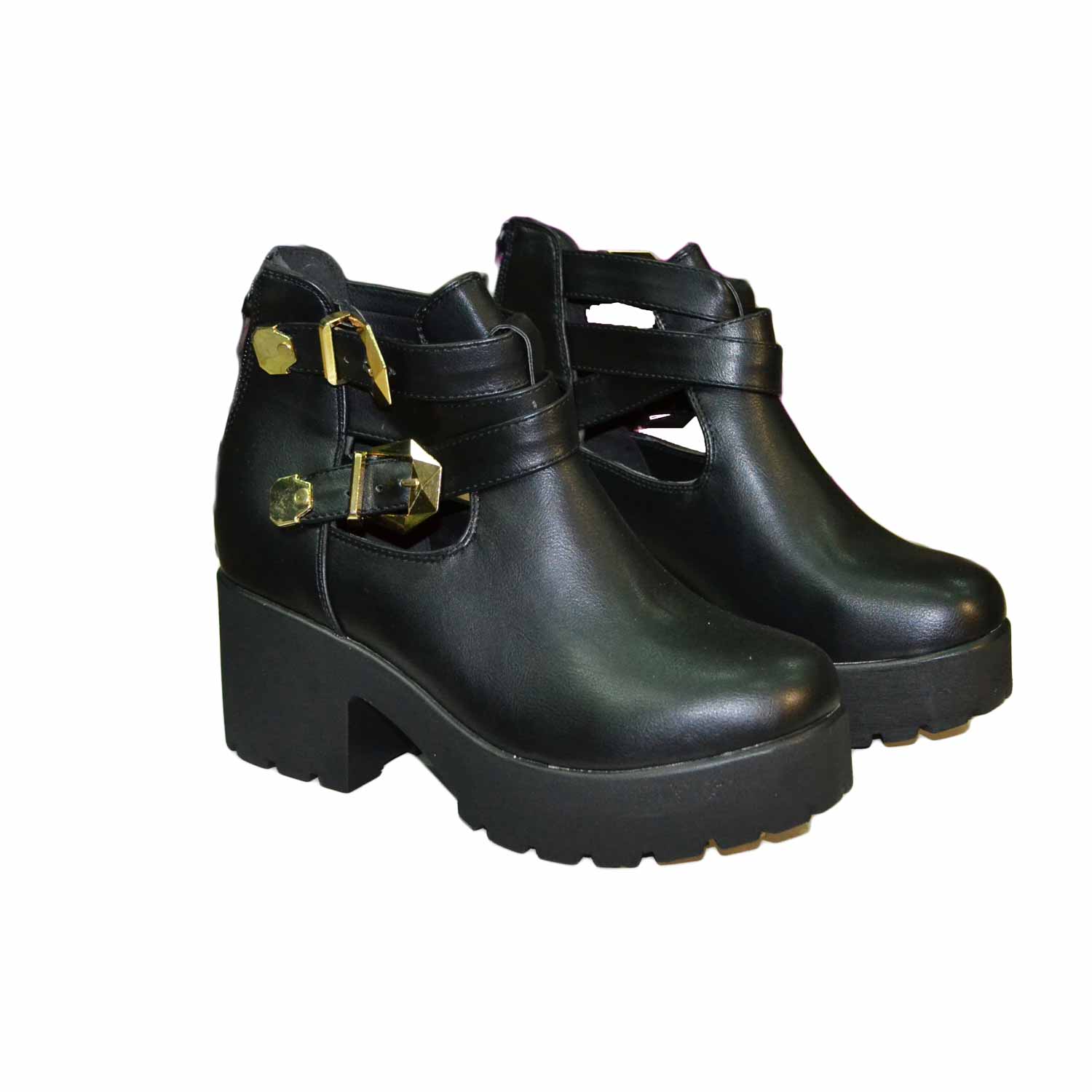 Scarpe donna stivale donna nero comfort fondo alto nero ultraleggero e cinturini dorati