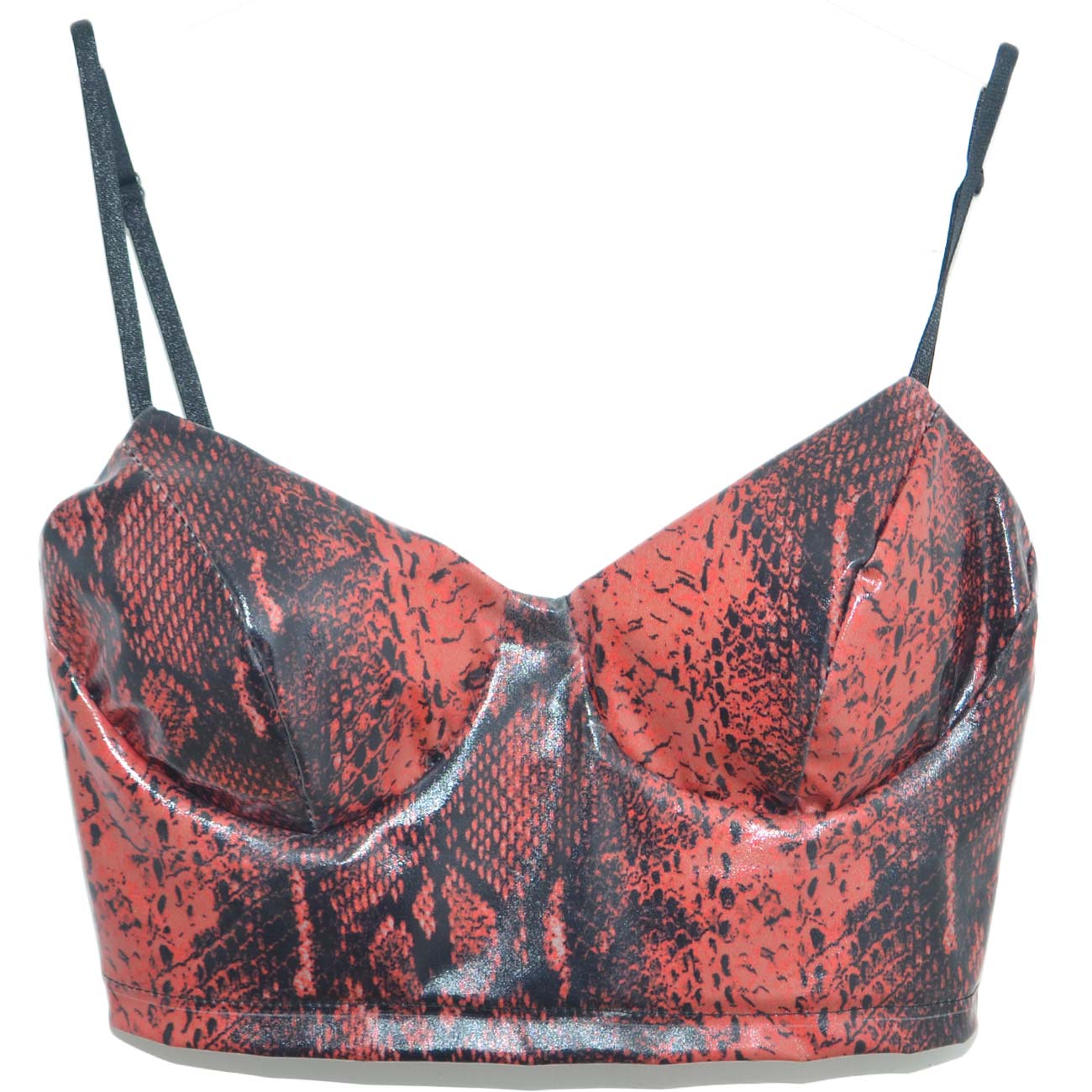 Top donna corto a bretelle con scollo a balconcino stile bustier stampa animalier rosso e nero in lurex sexy slimfit