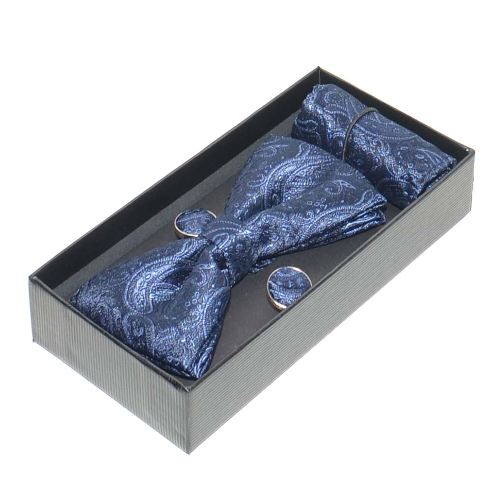 Set coordinato uomo papillon con gemelli e pochette blu damascato tinta unita  elegante cerimonia