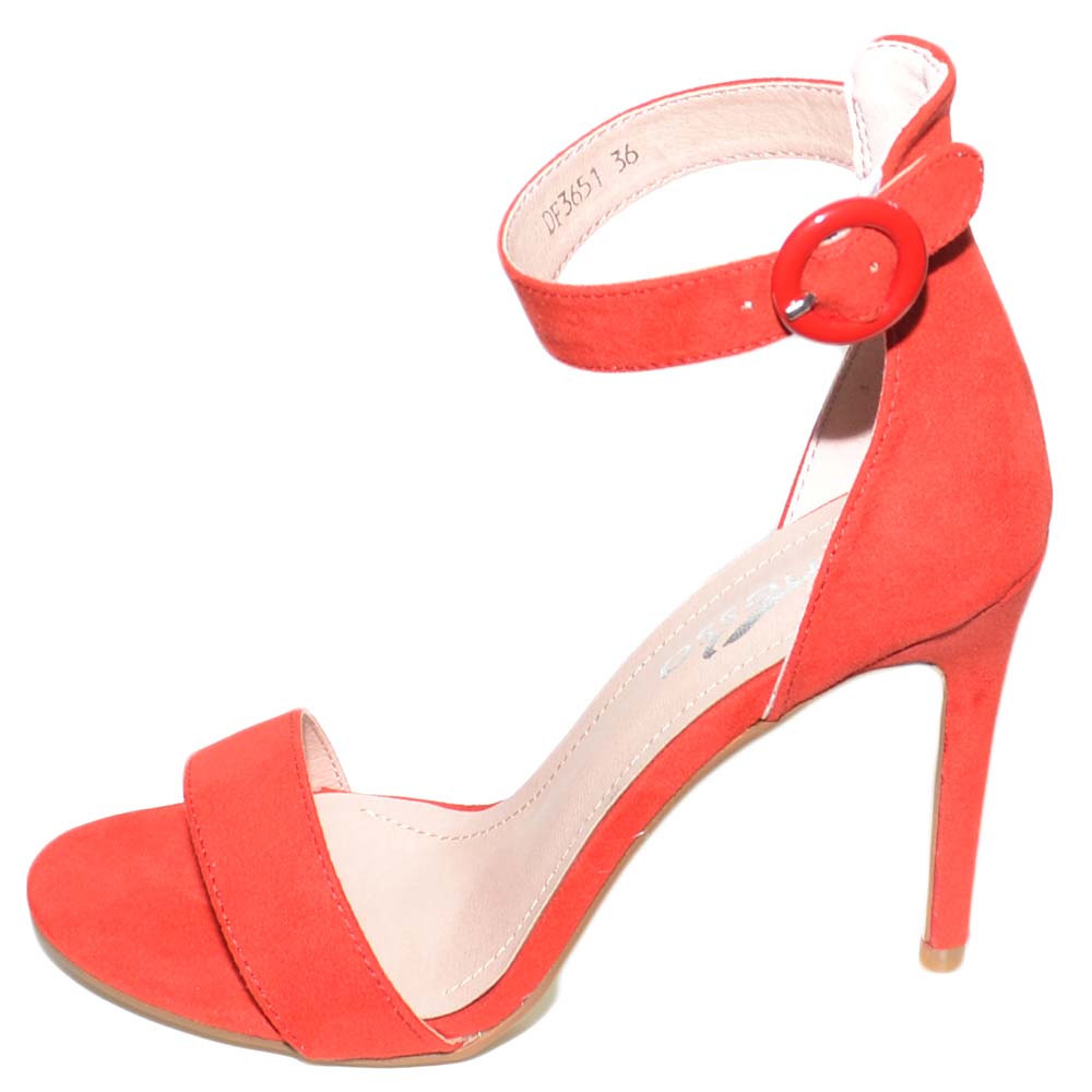 Sandalo donna camoscio rosso tacco a spillo linea basic con plateau e cinturino alla caviglia cerimonia luxury.