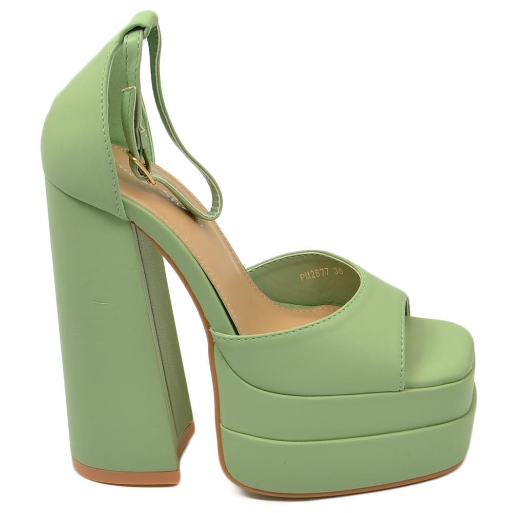 SANDALO DONNA TACCO IN PELLE VERDE TACCO DOPPIO 15 CM PLATEAU 6 CM CINTURINO ALLA CAVIGLIA OPEN TOE MODA.