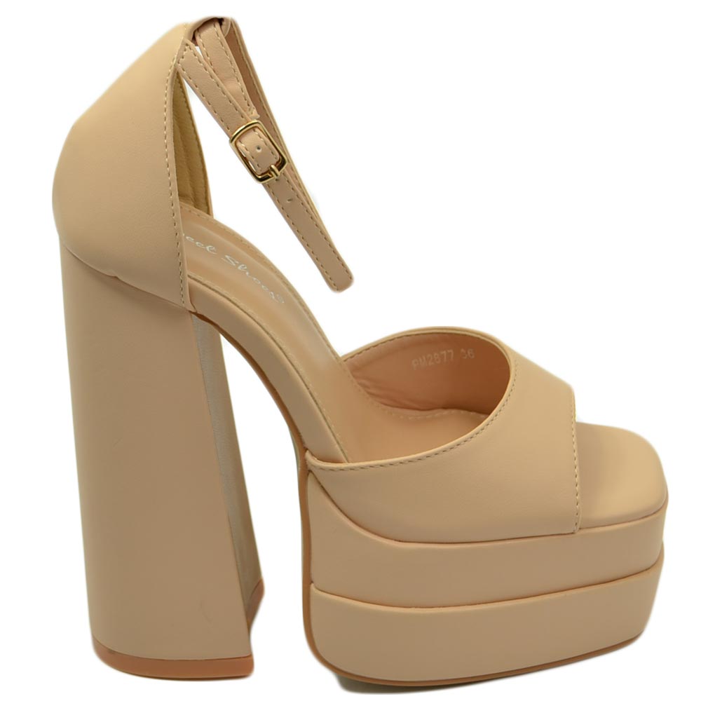 SANDALO DONNA TACCO IN PELLE BEIGE TACCO DOPPIO 15 CM PLATEAU 6 CM CINTURINO ALLA CAVIGLIA OPEN TOE MODA.