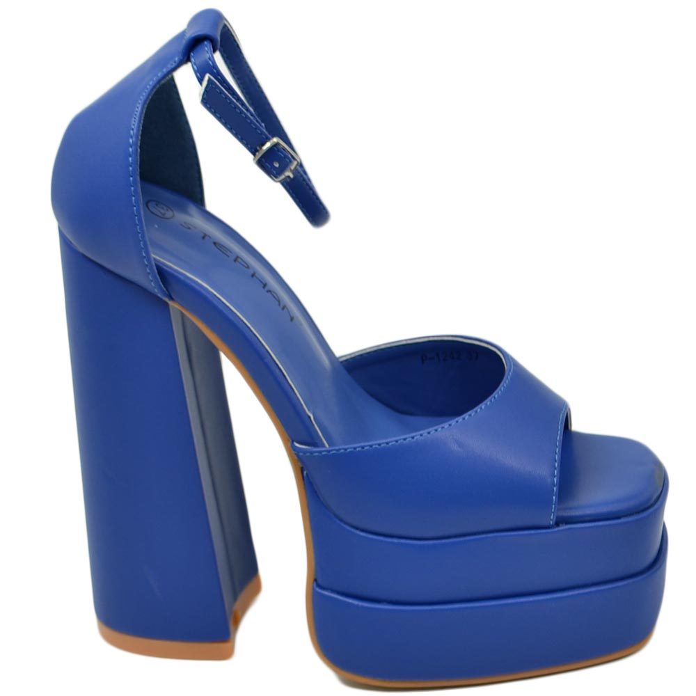 SANDALO DONNA TACCO IN PELLE BLU TACCO DOPPIO 15 CM PLATEAU 6 CM CINTURINO ALLA CAVIGLIA OPEN TOE MODA.