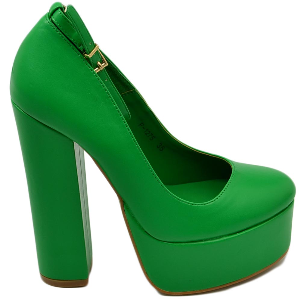 DECOLLETE DONNA IN PELLE VERDE TACCO DOPPIO 15 CM PLATEAU 6 CM CINTURINO ALLA CAVIGLIA CHIUSO MODA