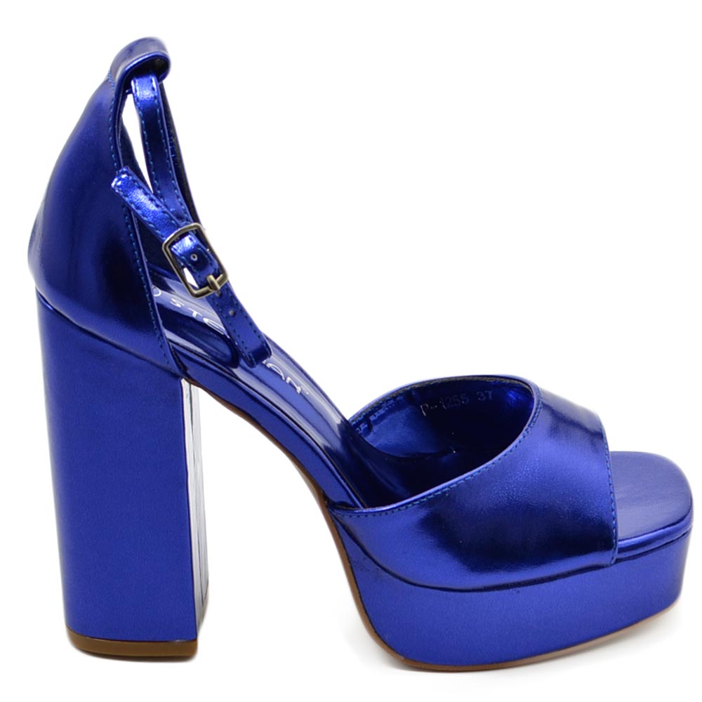 SANDALO DONNA TACCO IN PELLE LUCIDA BLU TACCO DOPPIO 12 CM PLATEAU 3 CM CINTURINO ALLA CAVIGLIA OPEN TOE MODA.