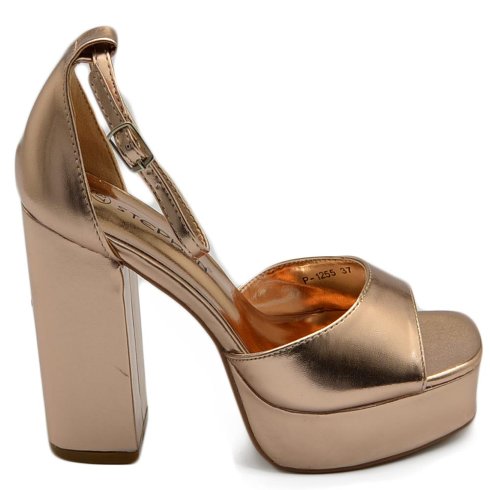 SANDALO DONNA TACCO IN PELLE ORO ROSA TACCO DOPPIO 12 CM PLATEAU 3 CM CINTURINO ALLA CAVIGLIA OPEN TOE MODA.