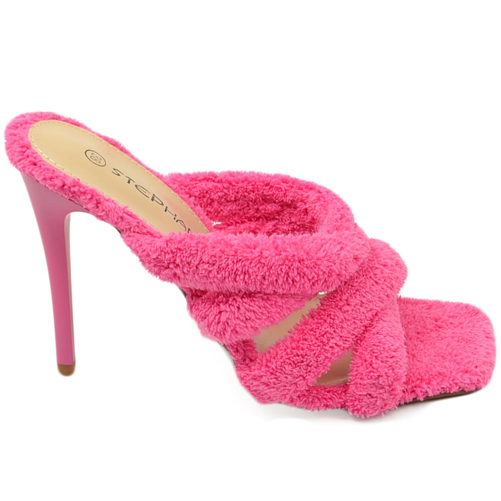 Sandali donna mules tacco alto a spillo in tessuto spugna effetto asciugamano fucsia comodo punta quadrata eventi moda