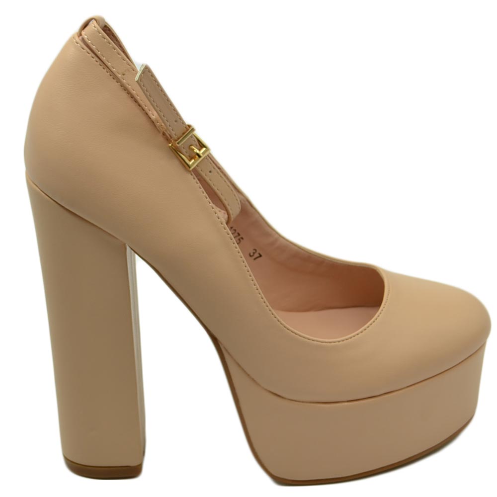 DECOLLETE DONNA IN PELLE BEIGE TACCO DOPPIO 15 CM PLATEAU 6 CM CINTURINO ALLA CAVIGLIA CHIUSO MODA.