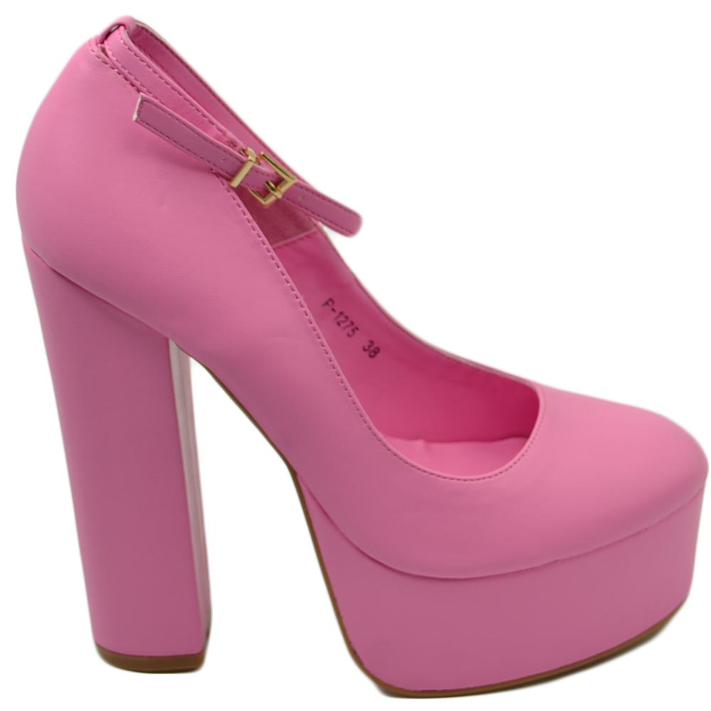 DECOLLETE DONNA IN PELLE FUCSIA TACCO DOPPIO 15 CM PLATEAU 6 CM CINTURINO ALLA CAVIGLIA CHIUSO MODA.