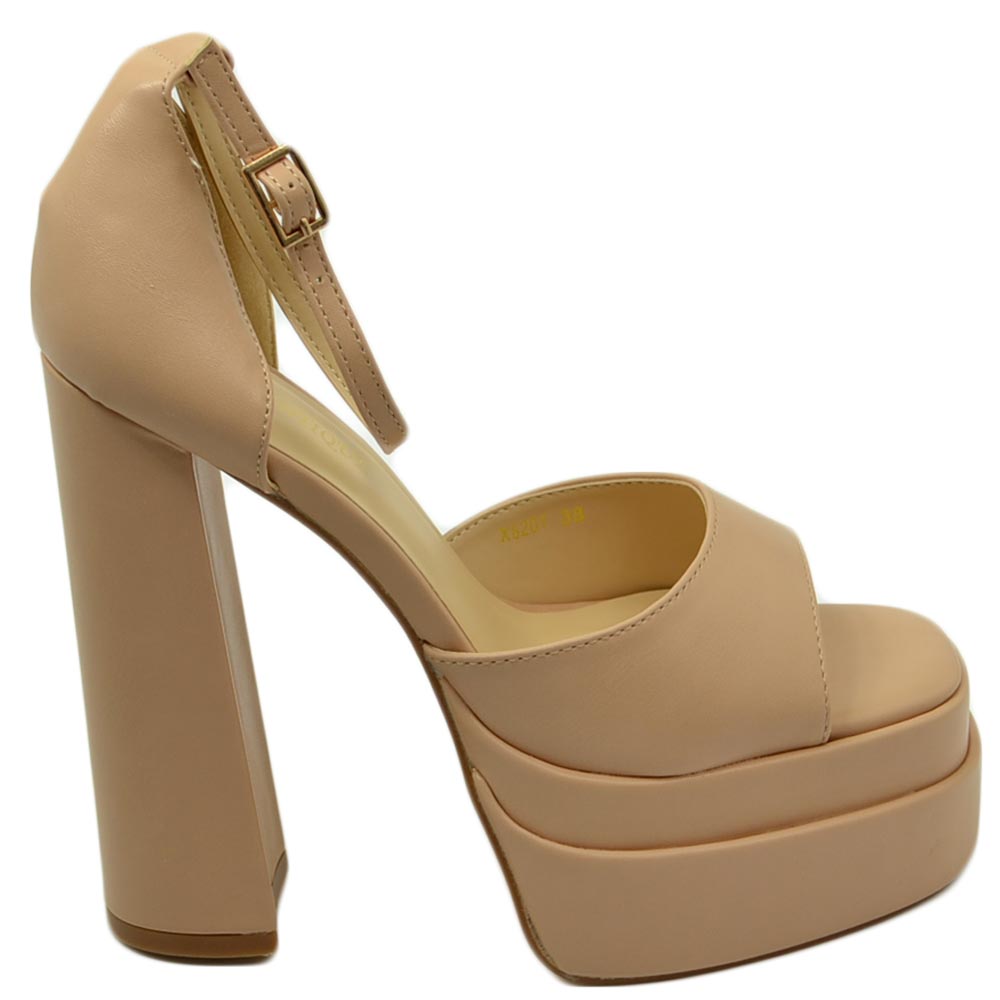 SANDALO DONNA TACCO IN PELLE NUDE TACCO DOPPIO 15 CM PLATEAU 6 CM CINTURINO ALLA CAVIGLIA OPEN TOE MODA