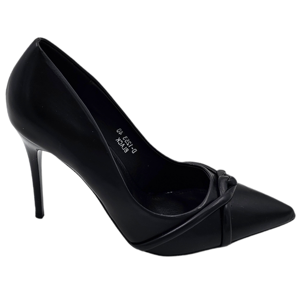 Decollete scarpa donna a punta in pelle nera con nodo in rilievo tacco sottile 12 cm elegante evento cerimonia .