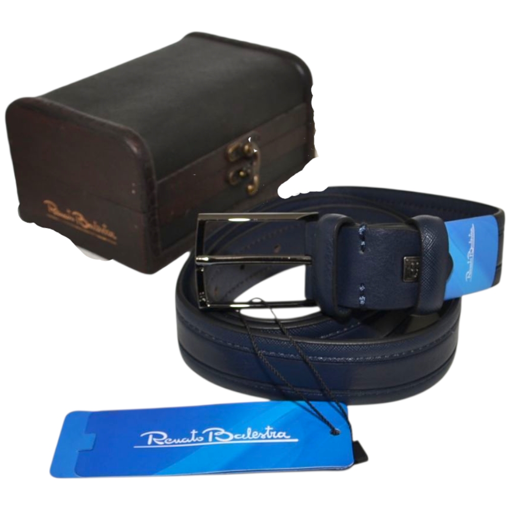 Cintura vera pelle blu abrasivato Renato Balestra liscia con fibbia in metallo quadrata regolabile scatola legno scuro.